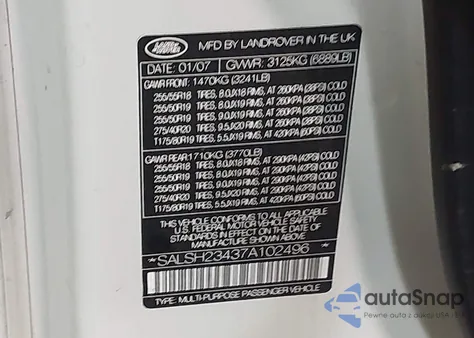 2007 Land Rover Range Rover Sport Supercharged из США, поврежденный, VIN SALSH23437A102496